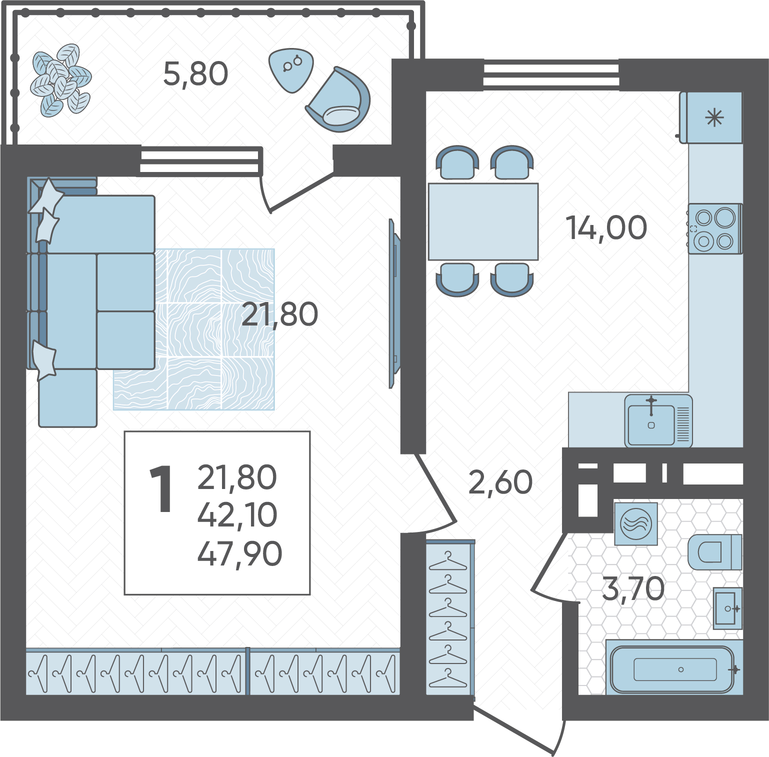 1-комнатная квартира №30, 48.0000 м²