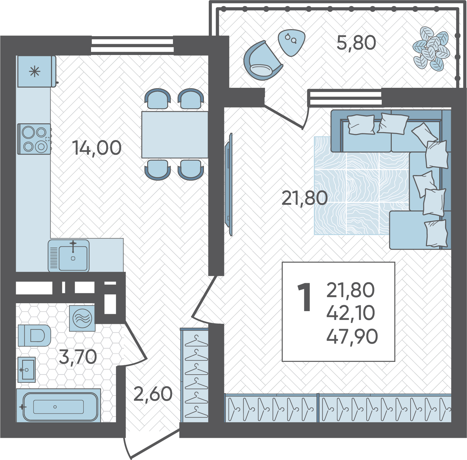 1-комнатная квартира №47, 48.0000 м²