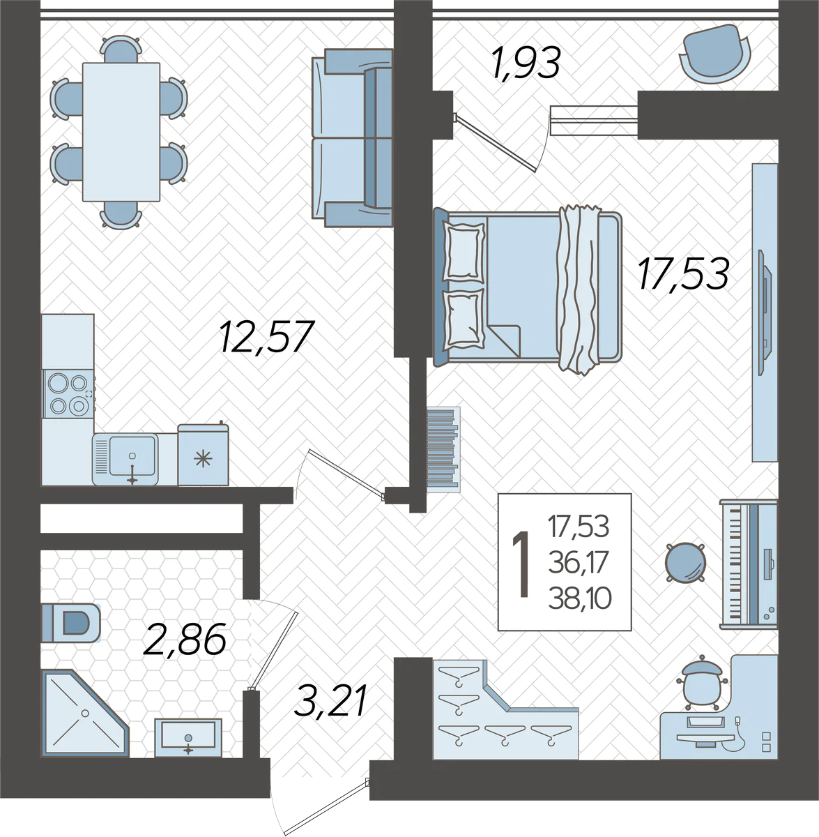1-комнатная квартира №197, 38.1000 м²