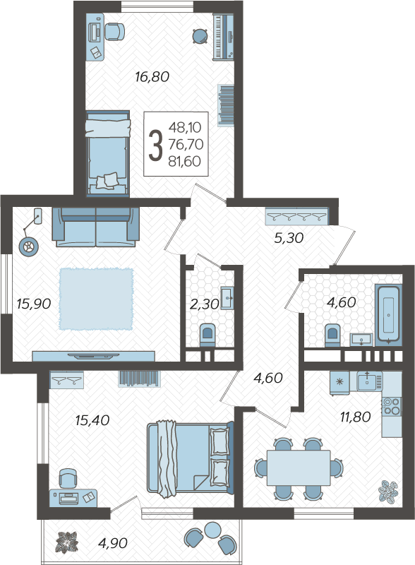 3-комнатная квартира №181, 81.6000 м²