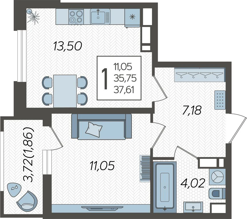 1-комнатная квартира №790, 37.6100 м²