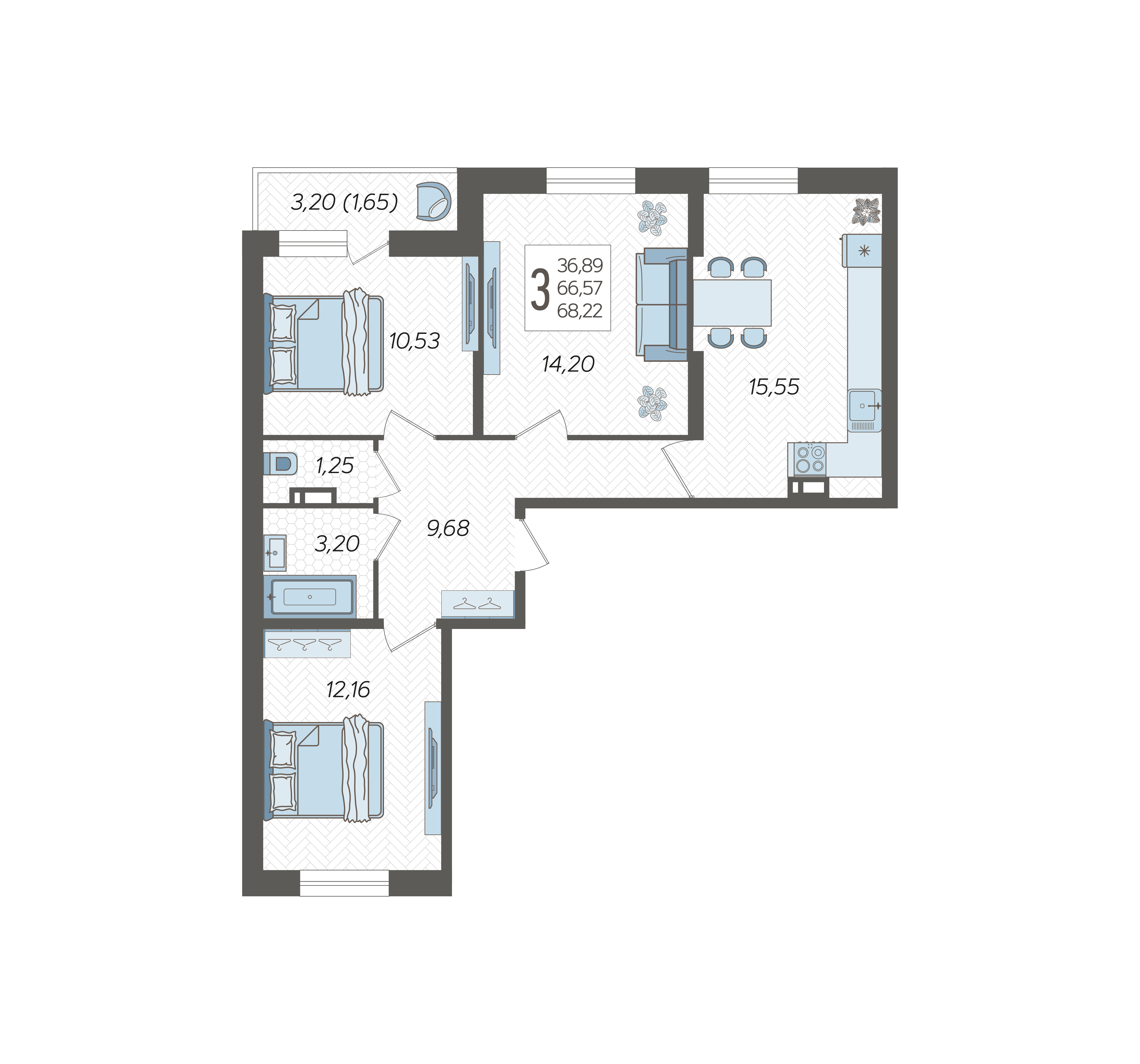 3-комнатная квартира №24, 68.2200 м²