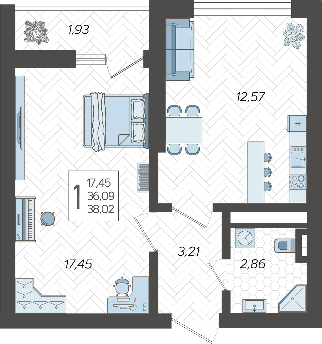 1-комнатная квартира №224, 38.0200 м²