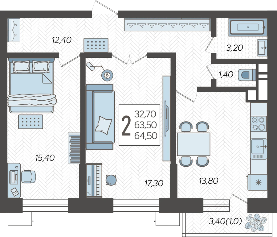 2-комнатная квартира №9, 64.5000 м²