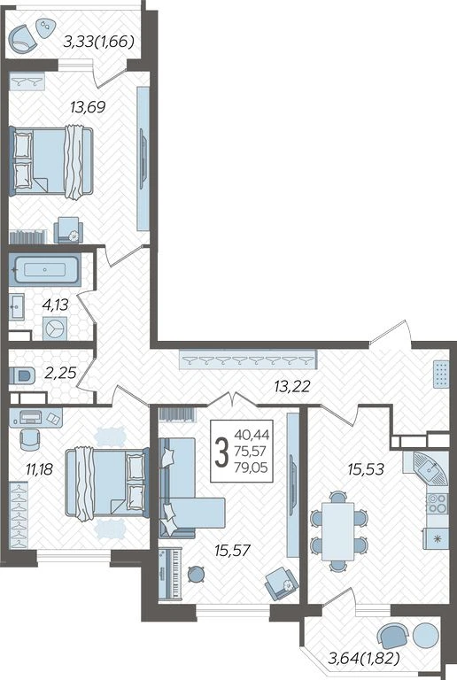 3-комнатная квартира №1069, 79.0500 м²
