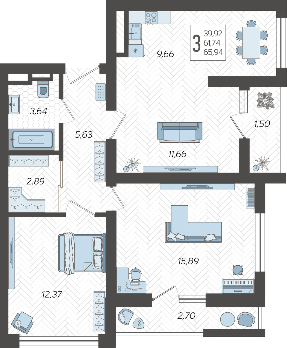 3-комнатная квартира №50, 65.9400 м²
