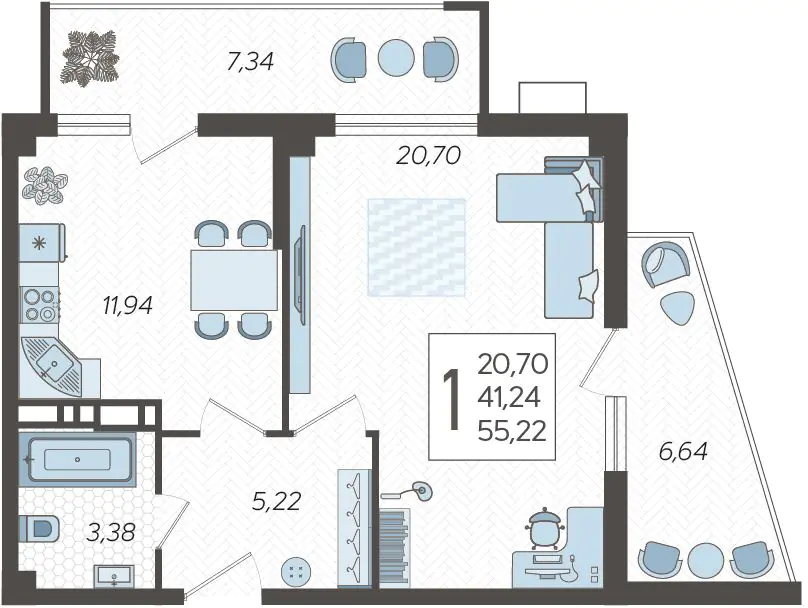 1-комнатные апартаменты №24, 55.2200 м²