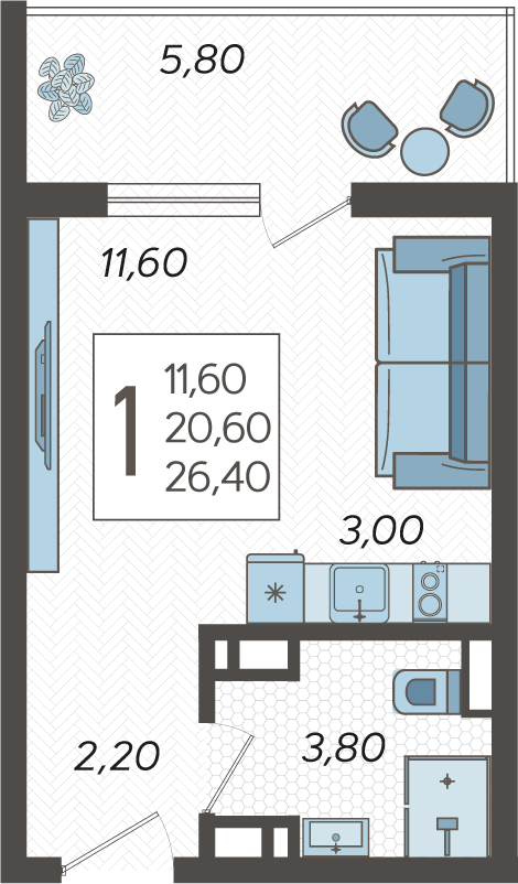 Студия №155, 26.4000 м²