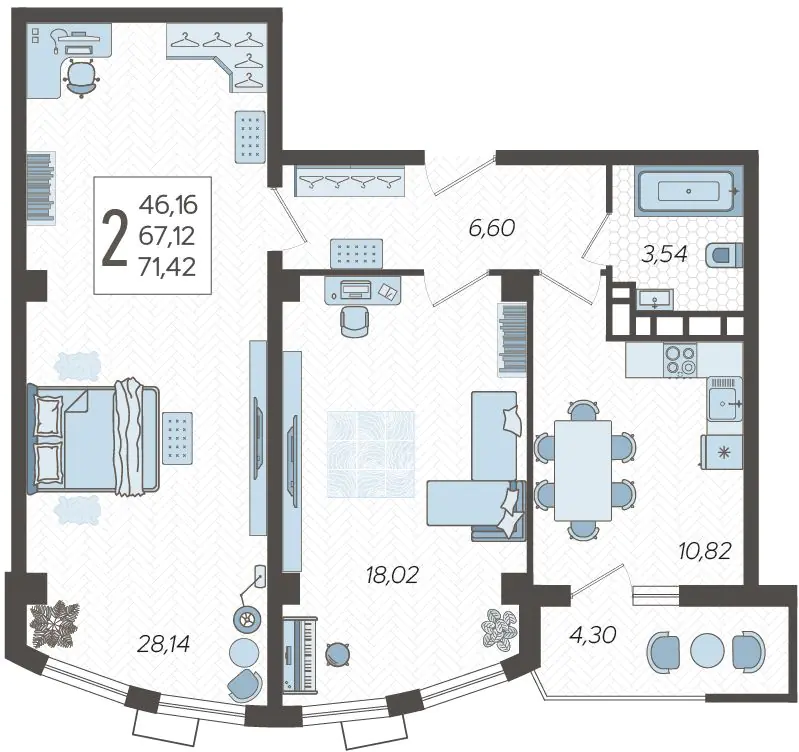 2-комнатные апартаменты №46, 71.4200 м²