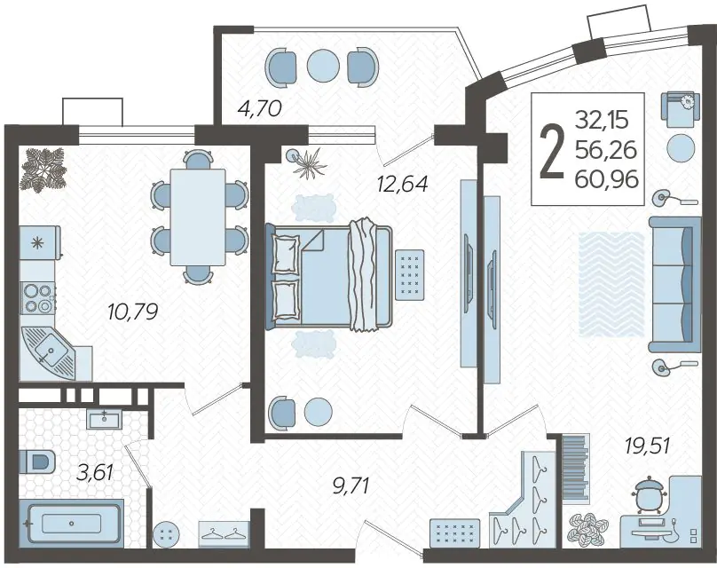 2-комнатные апартаменты №7, 60.9600 м²