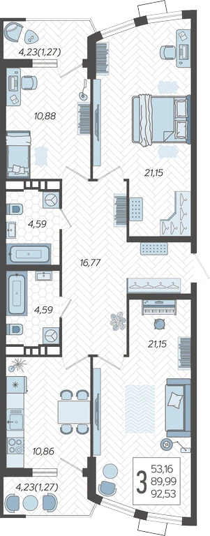 3-комнатная квартира №44, 92.5300 м²