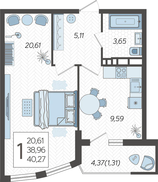 1-комнатная квартира №355, 40.2700 м²