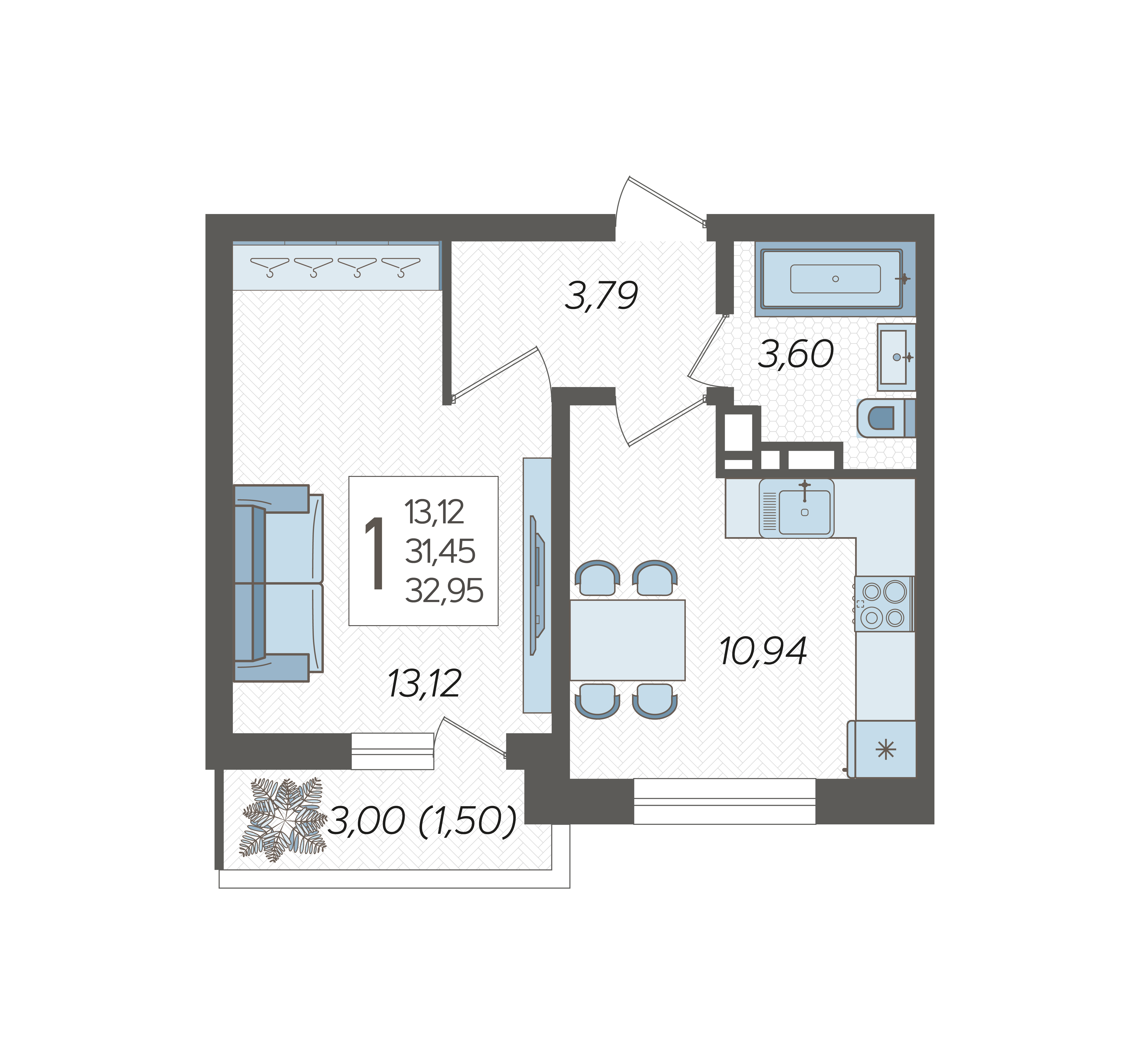 1-комнатная квартира №136, 32.9500 м²