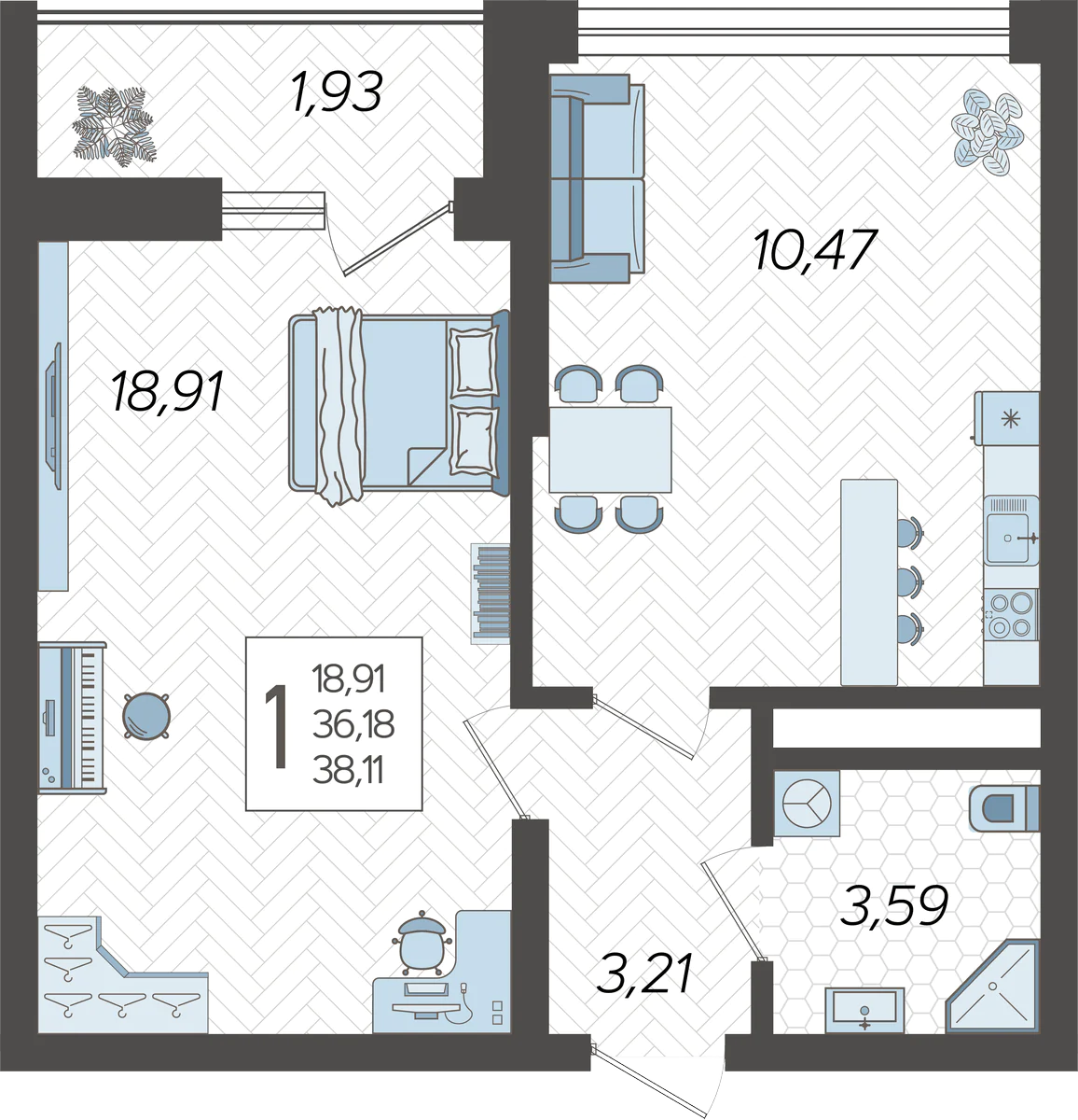 1-комнатная квартира №194, 38.1100 м²