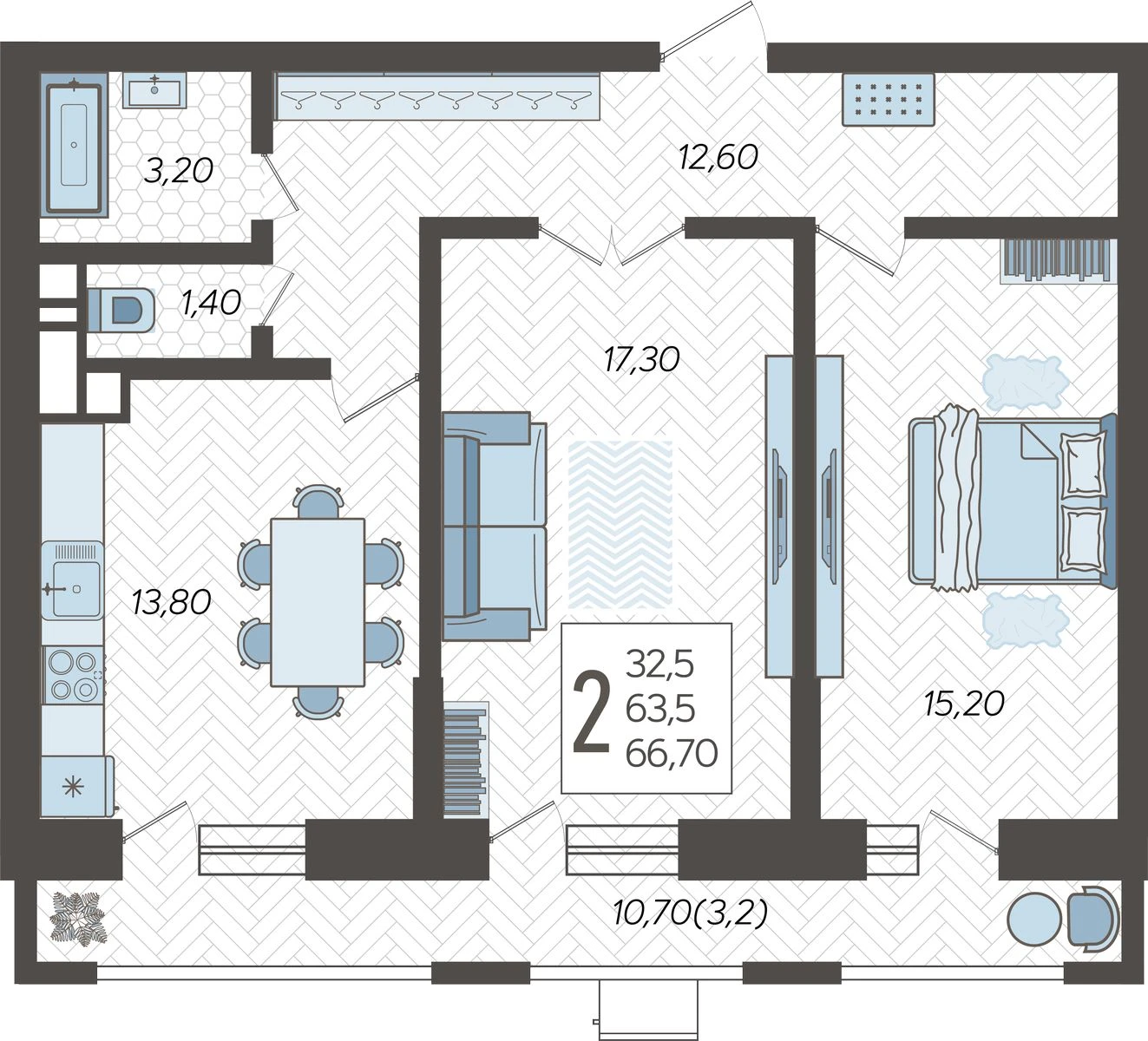 2-комнатная квартира №219, 66.7000 м²