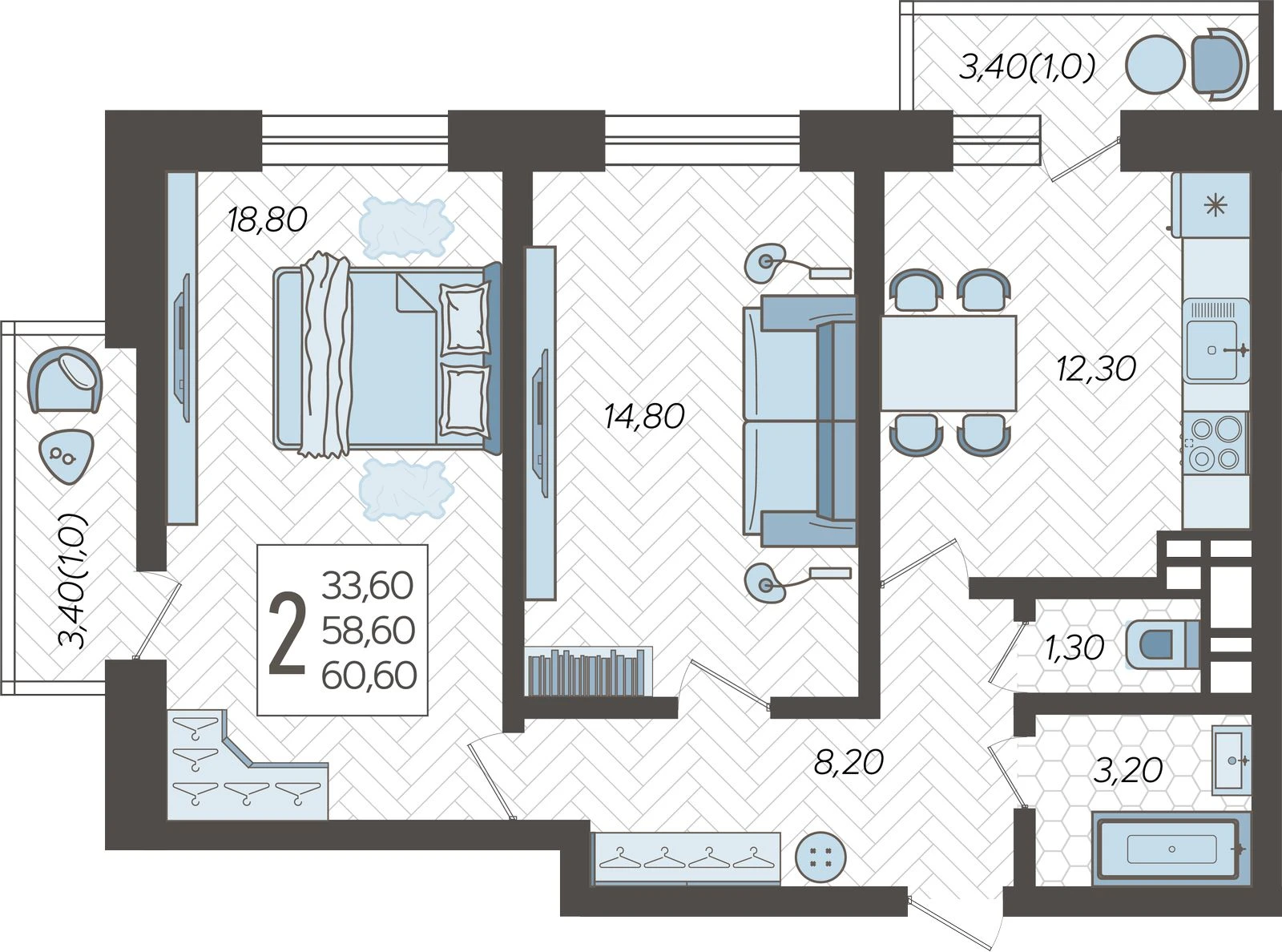 2-комнатная квартира №3, 60.6000 м²