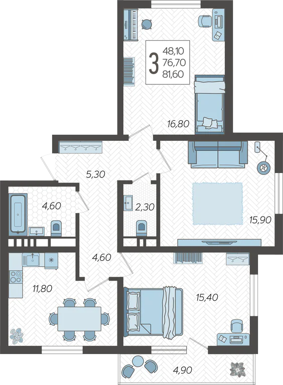 3-комнатная квартира №12, 81.6000 м²