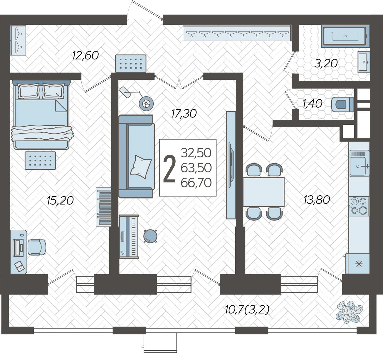 2-комнатная квартира №19, 66.7000 м²