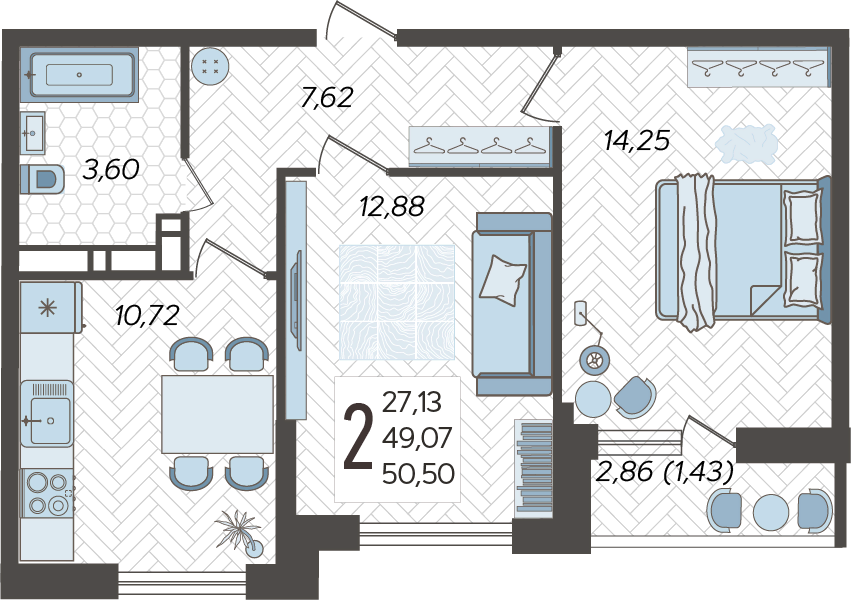 2-комнатная квартира №190, 50.5000 м²