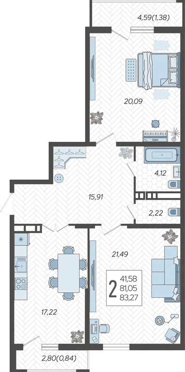 2-комнатная квартира №597, 83.2700 м²