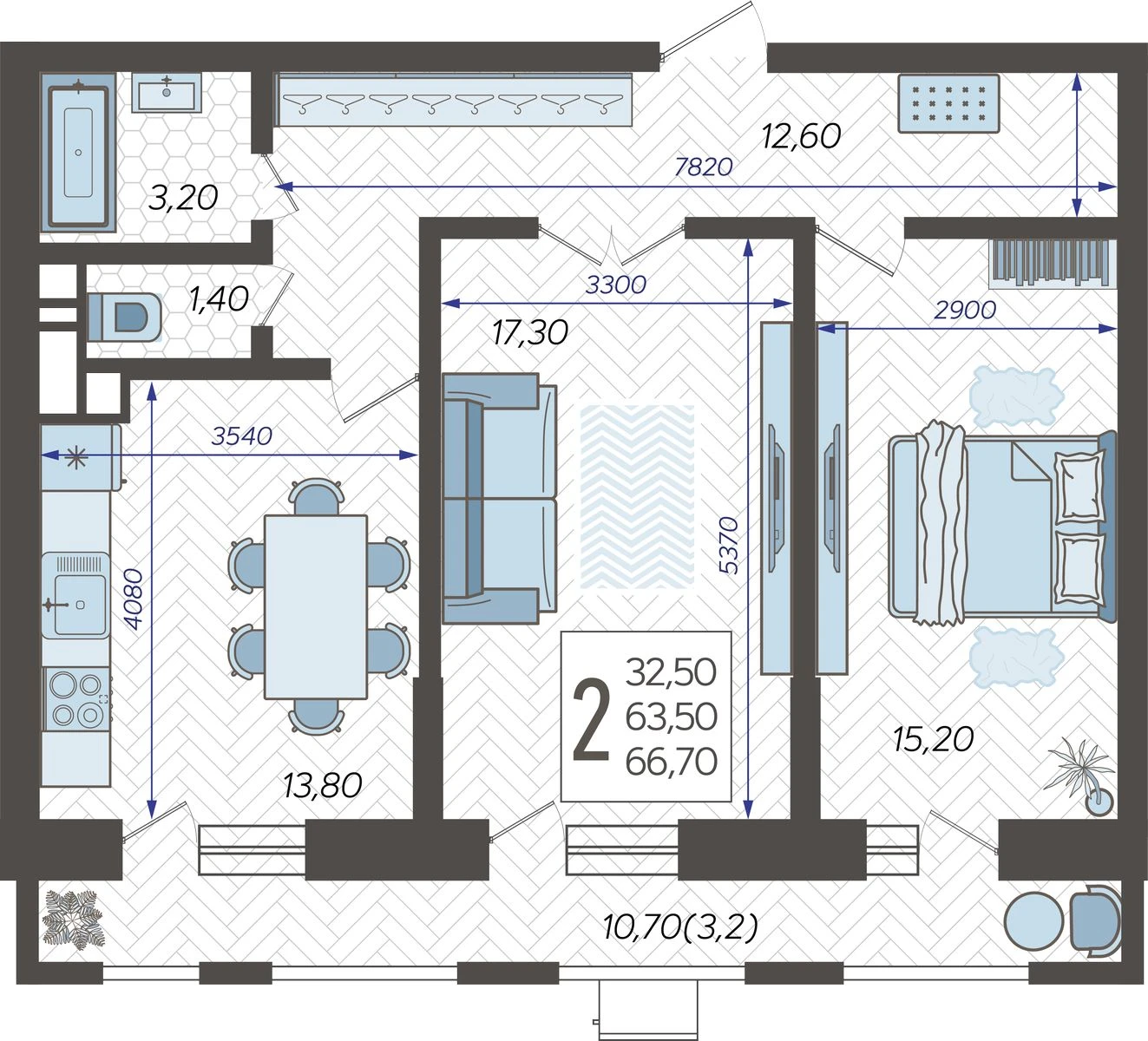 2-комнатная квартира №54, 67.7800 м²