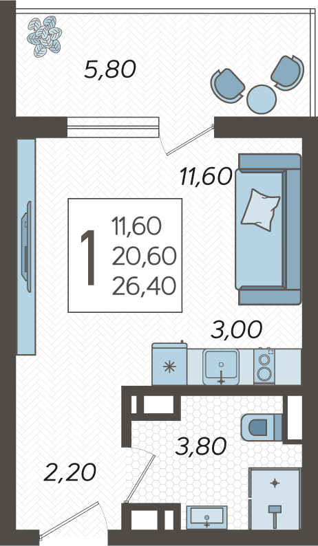 Студия №203, 26.4000 м²