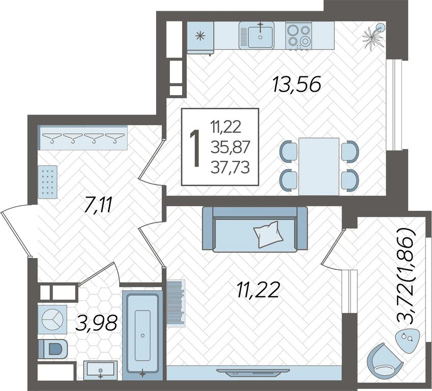 1-комнатная квартира №1164, 37.7300 м²