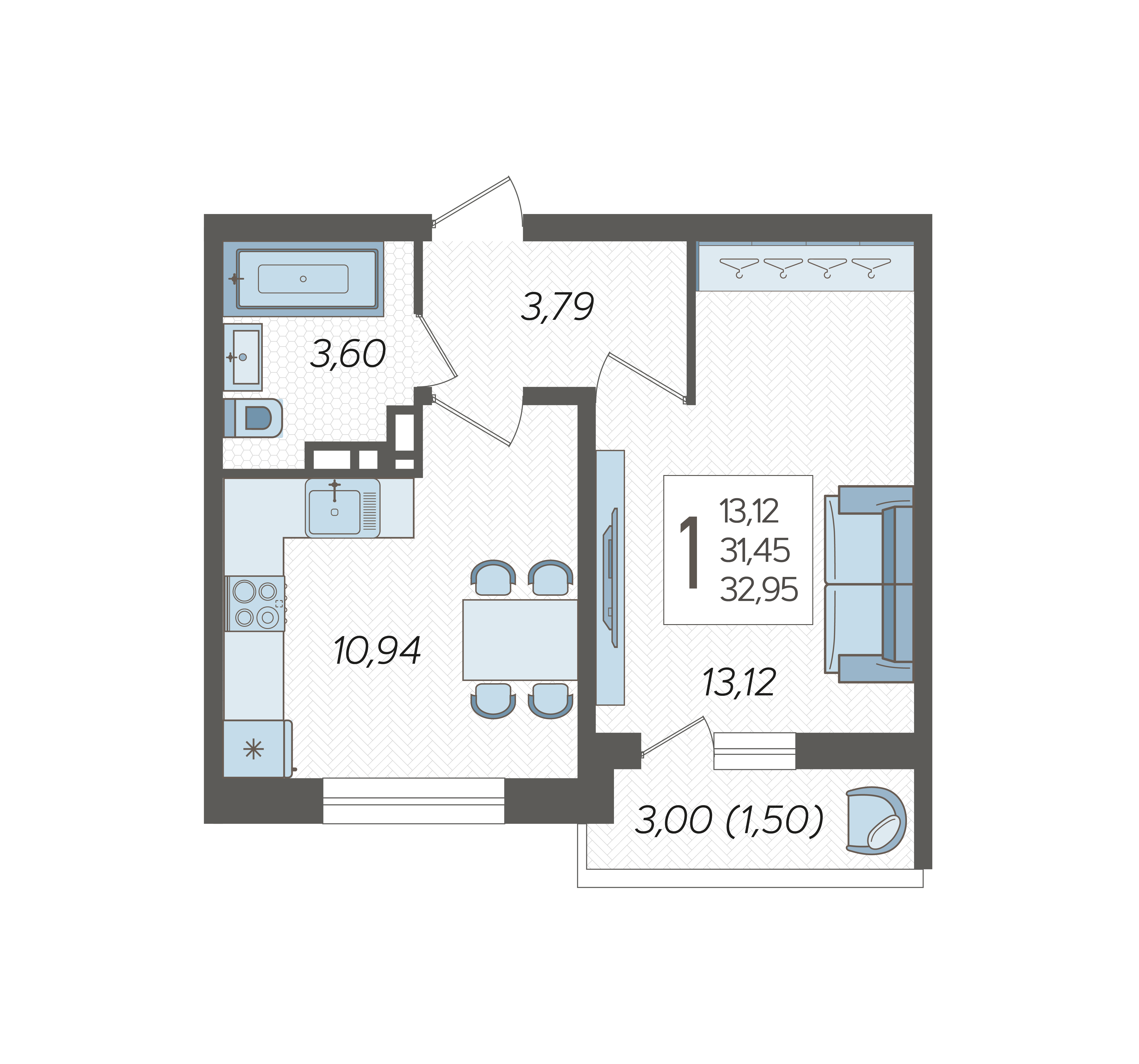 1-комнатная квартира №6, 32.9500 м²