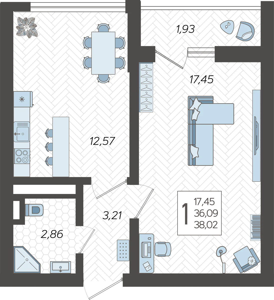 1-комнатная квартира №257, 38.0200 м²