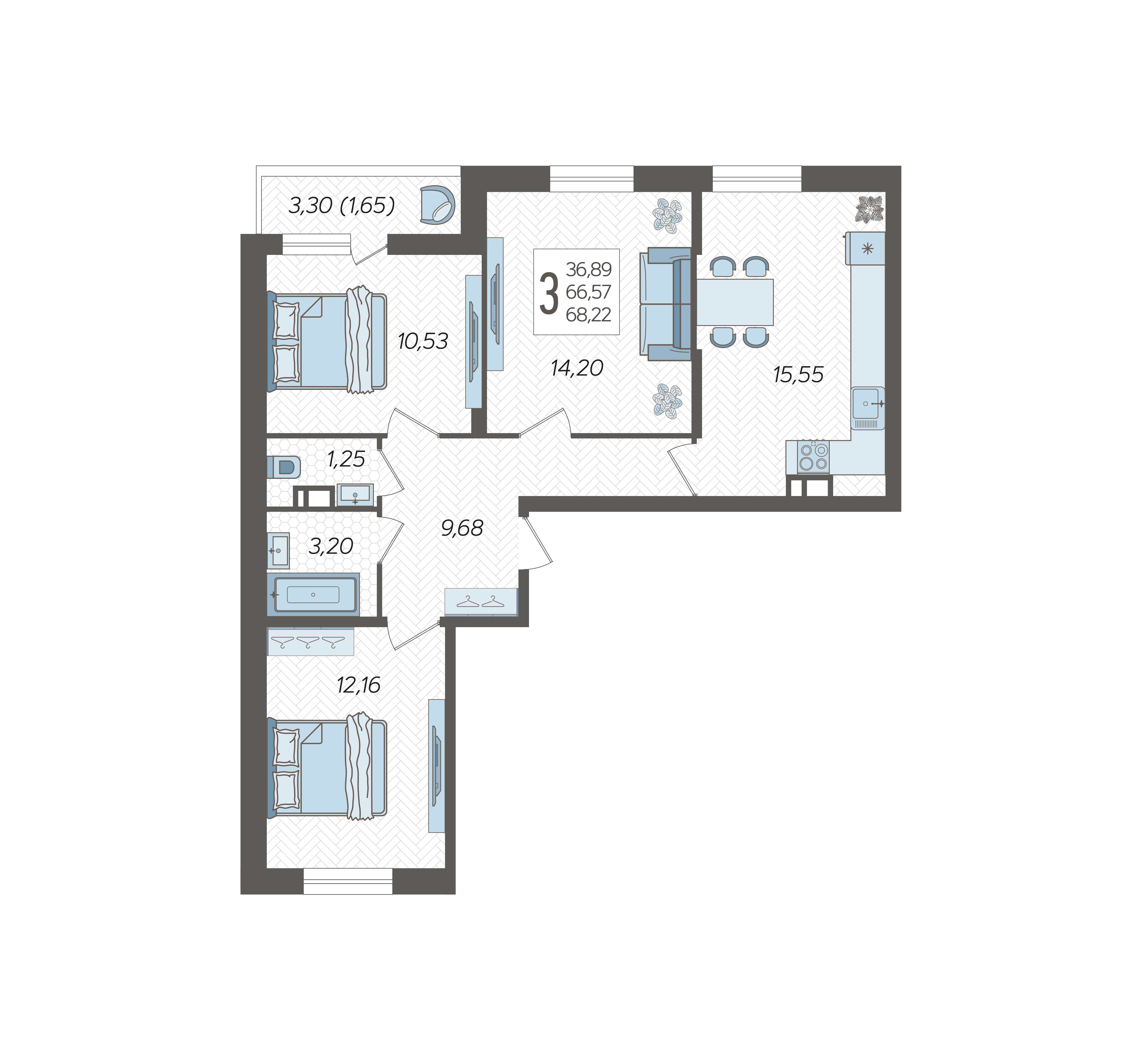 3-комнатная квартира №68, 68.2200 м²