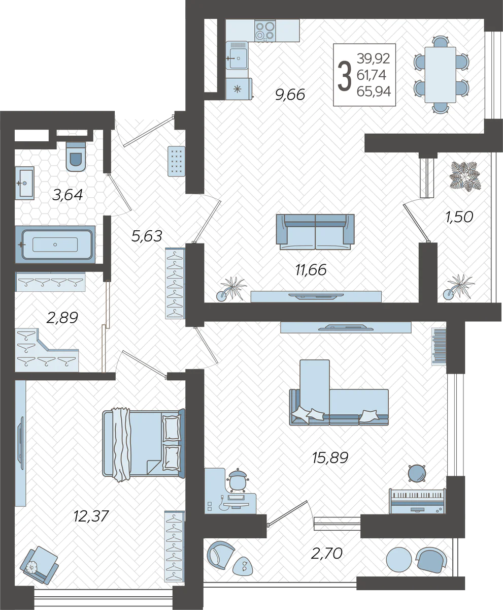 3-комнатная квартира №35, 65.9400 м²