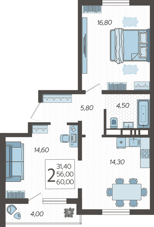2-комнатная квартира №4, 60.0000 м²