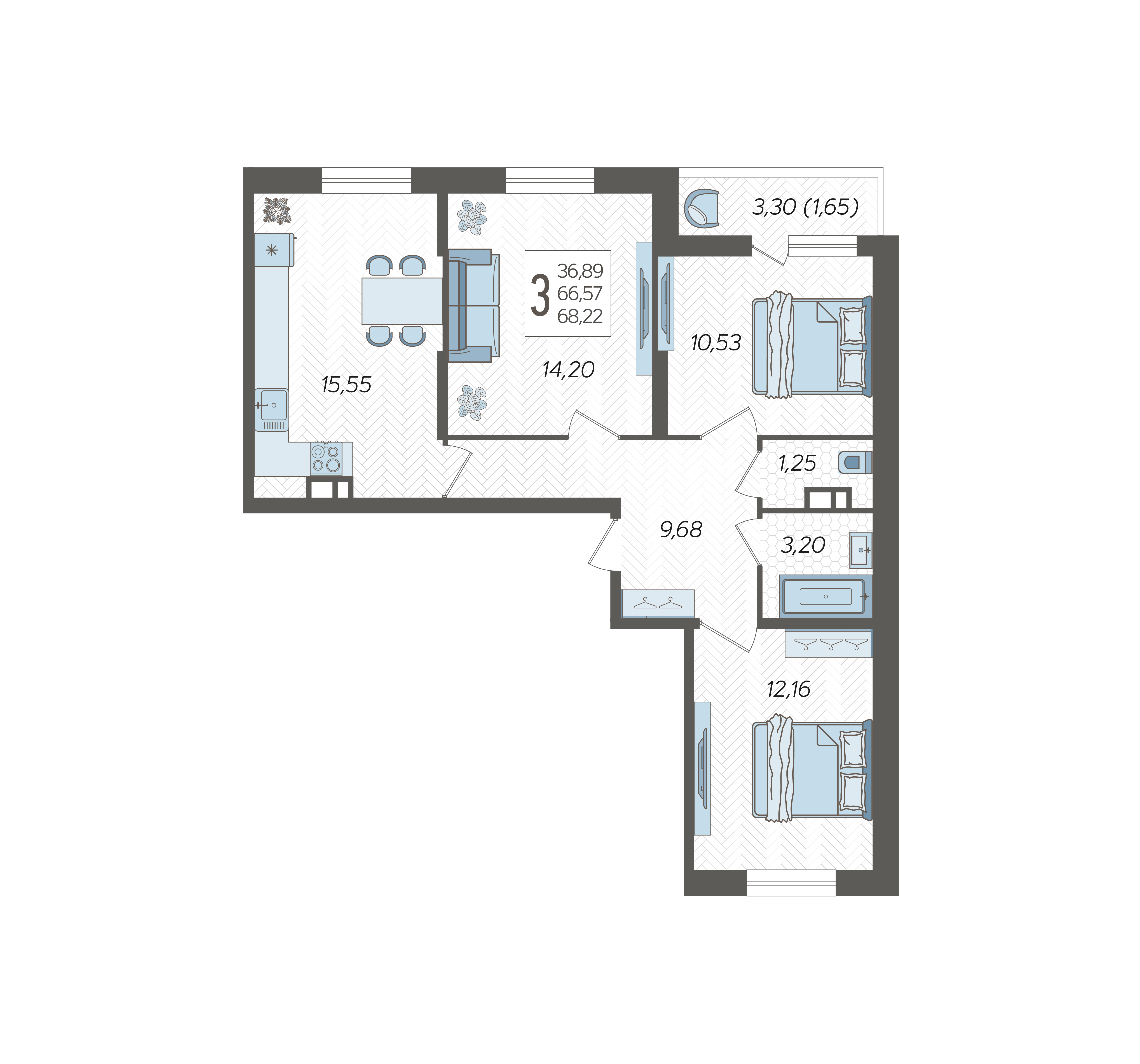 3-комнатная квартира №1, 68.2200 м²