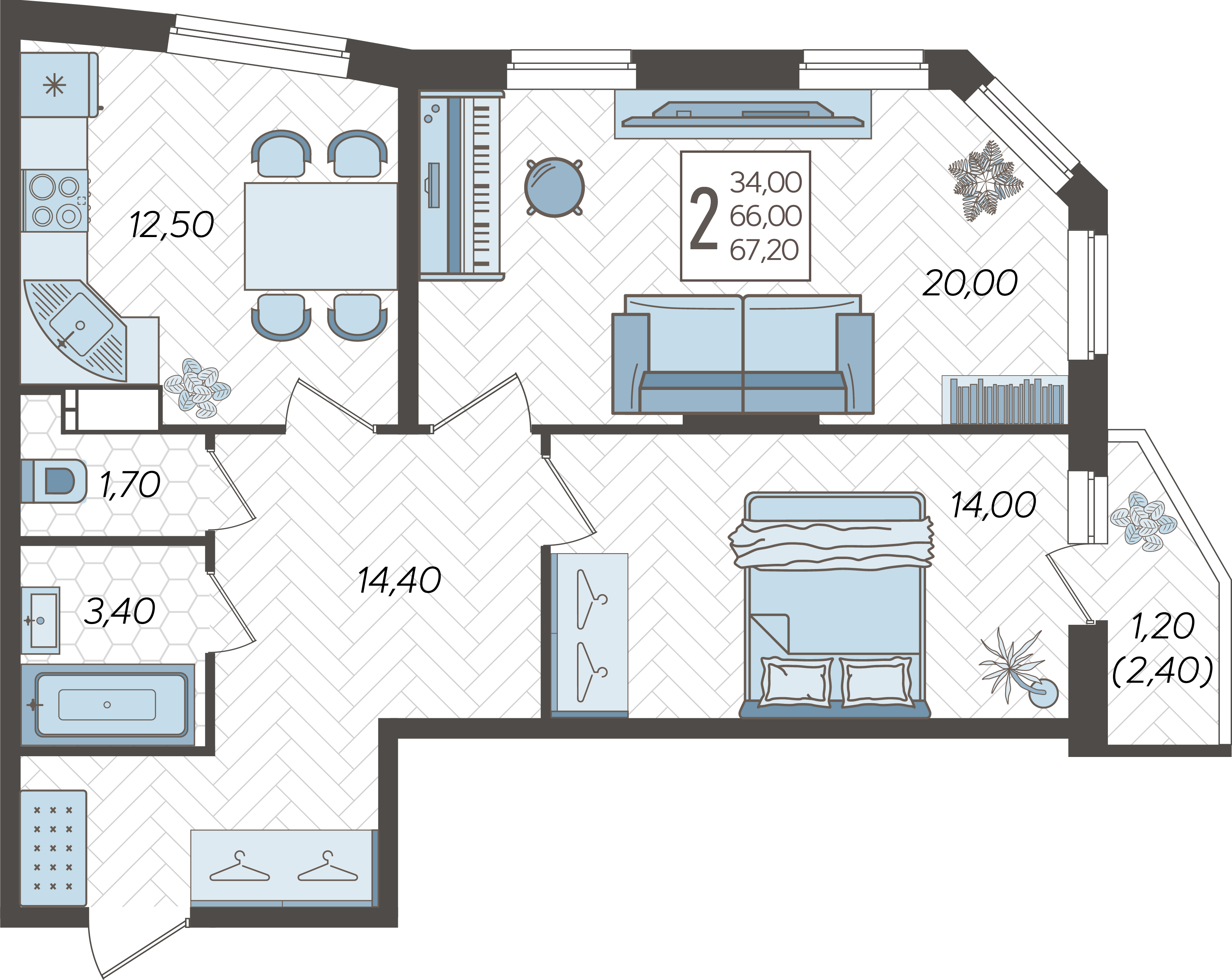 2-комнатная квартира №185, 67.2000 м²