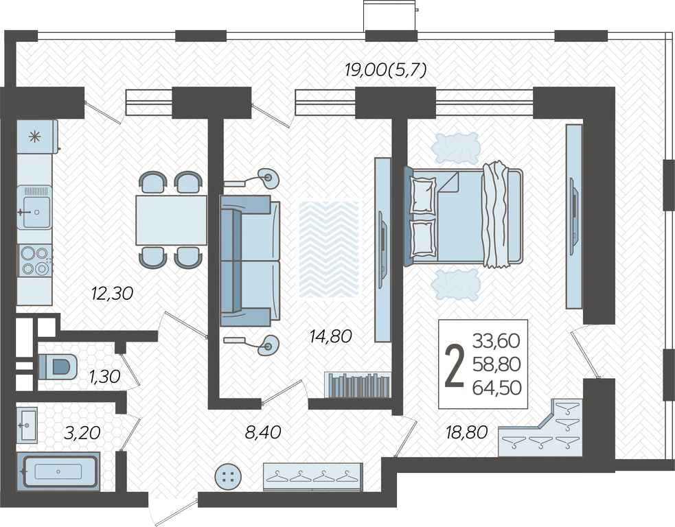 2-комнатная квартира №192, 64.5000 м²