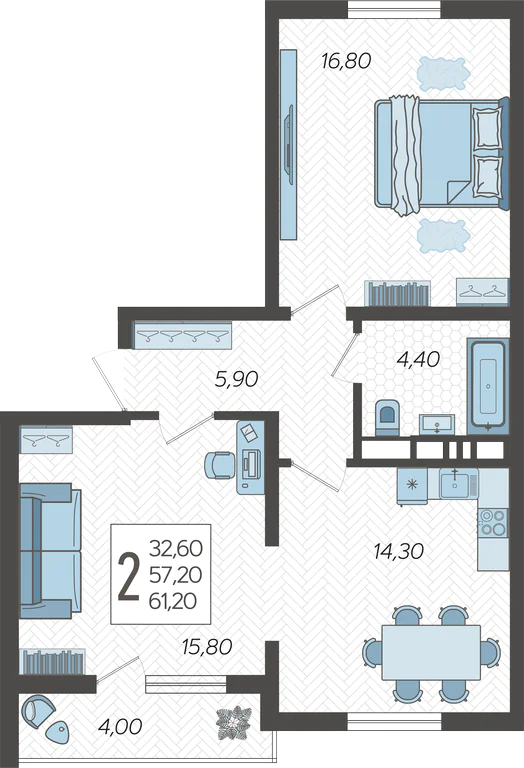 2-комнатная квартира №222, 61.2000 м²
