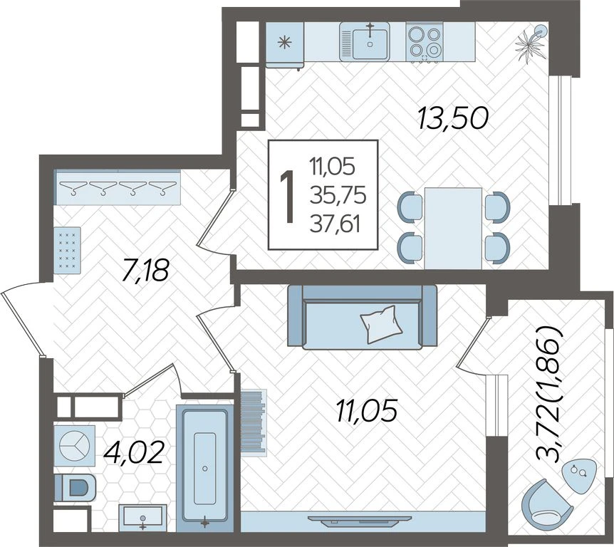 1-комнатная квартира №1199, 37.6100 м²