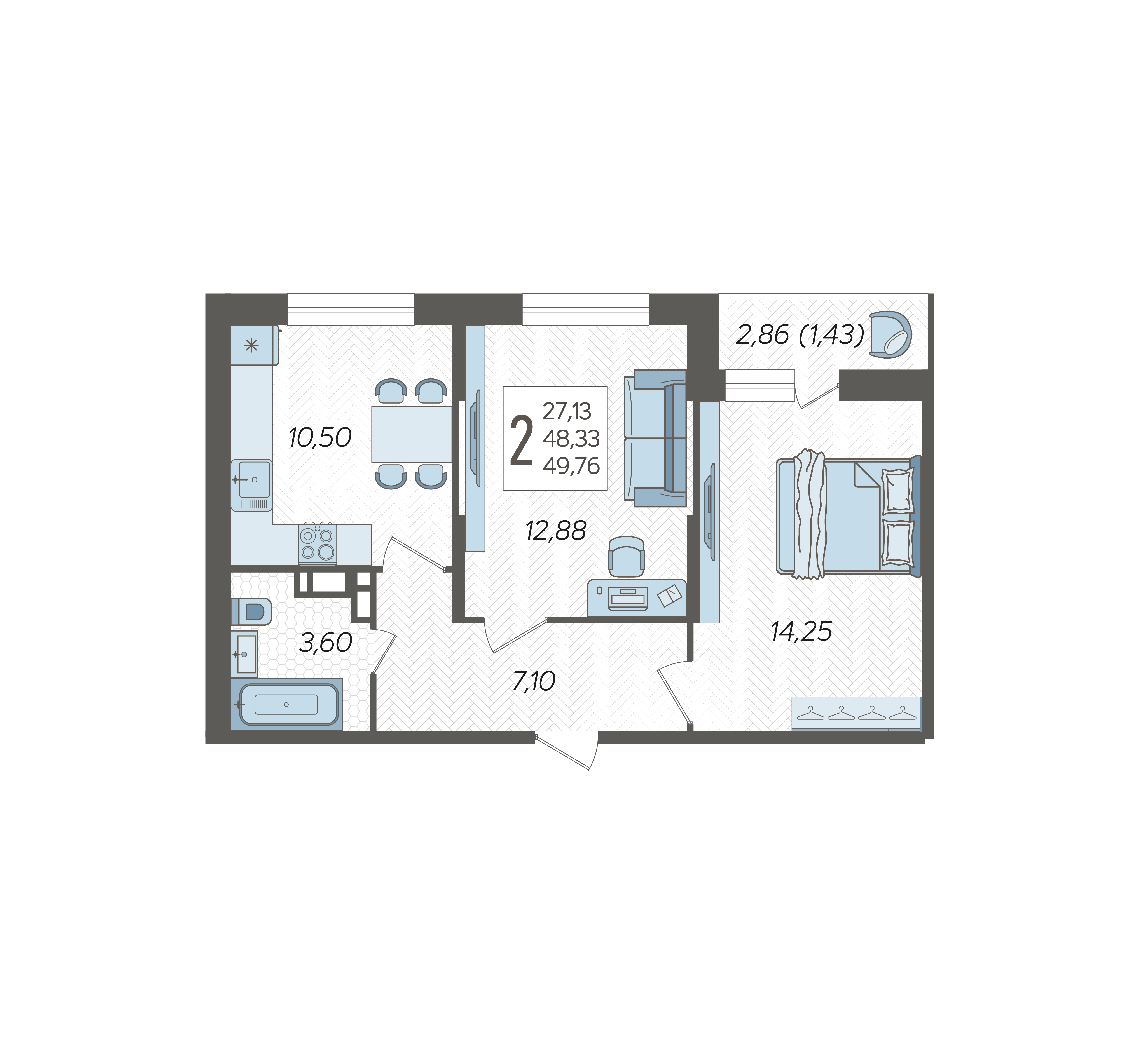 2-комнатная квартира №309, 49.7600 м²