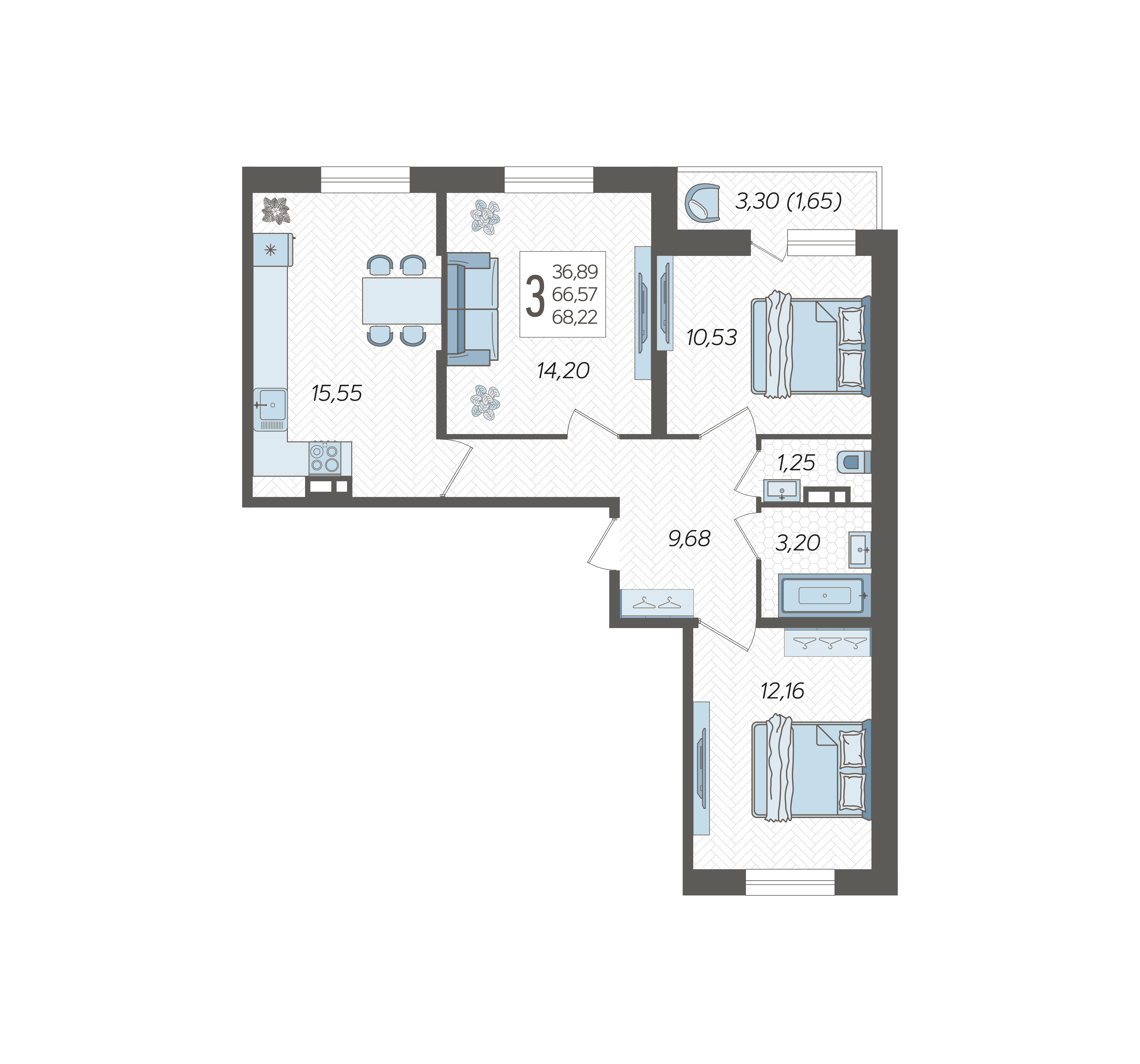 3-комнатная квартира №17, 68.2200 м²