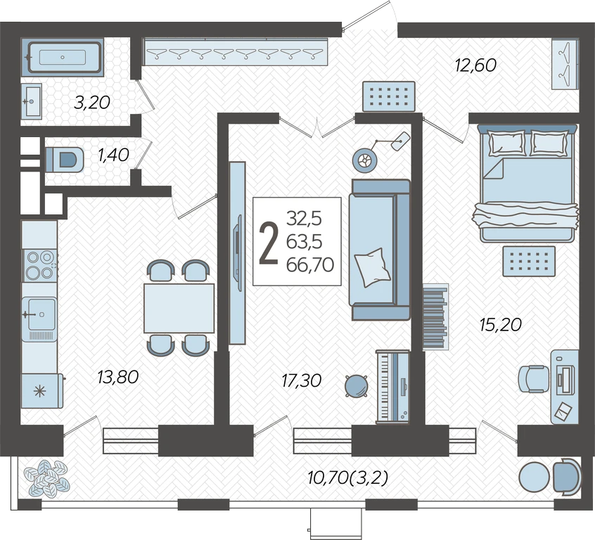 2-комнатная квартира №230, 66.7000 м²