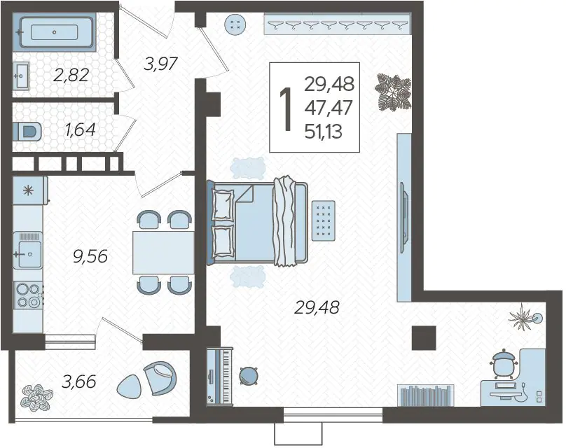 1-комнатные апартаменты №40, 51.1300 м²