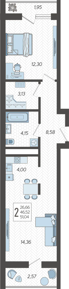 2-комнатная квартира №125, 51.0400 м²