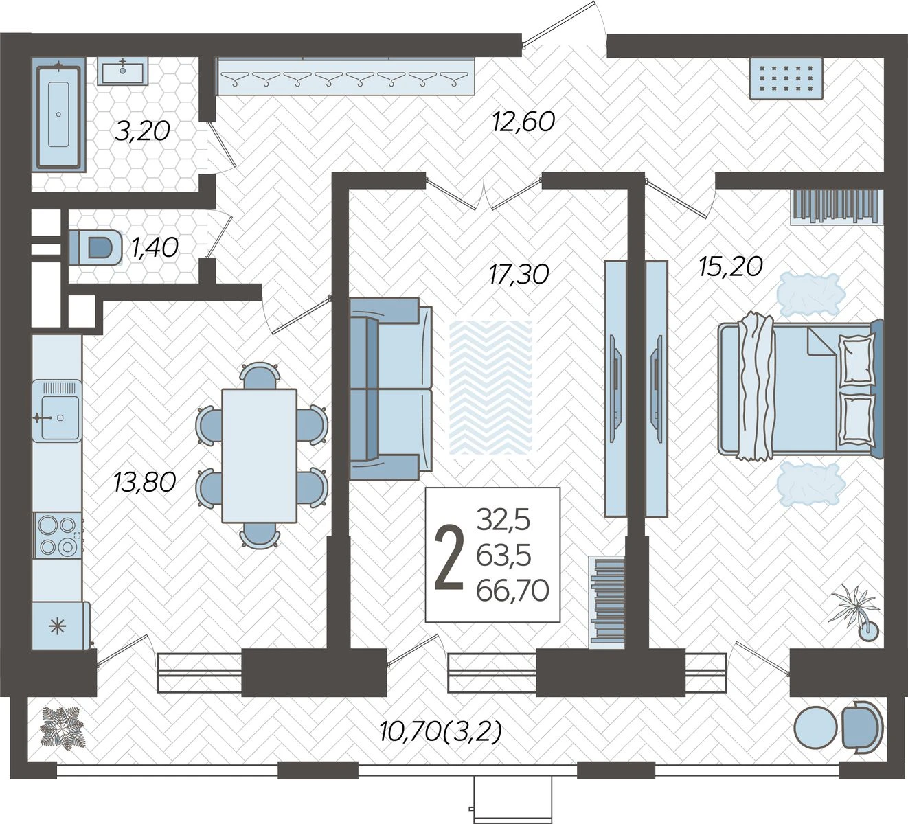 2-комнатная квартира №175, 66.7000 м²