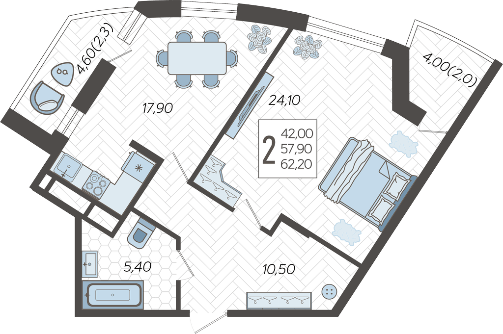 2-комнатная квартира №202, 62.2000 м²