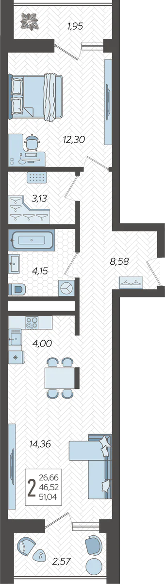 2-комнатная квартира №173, 51.0400 м²