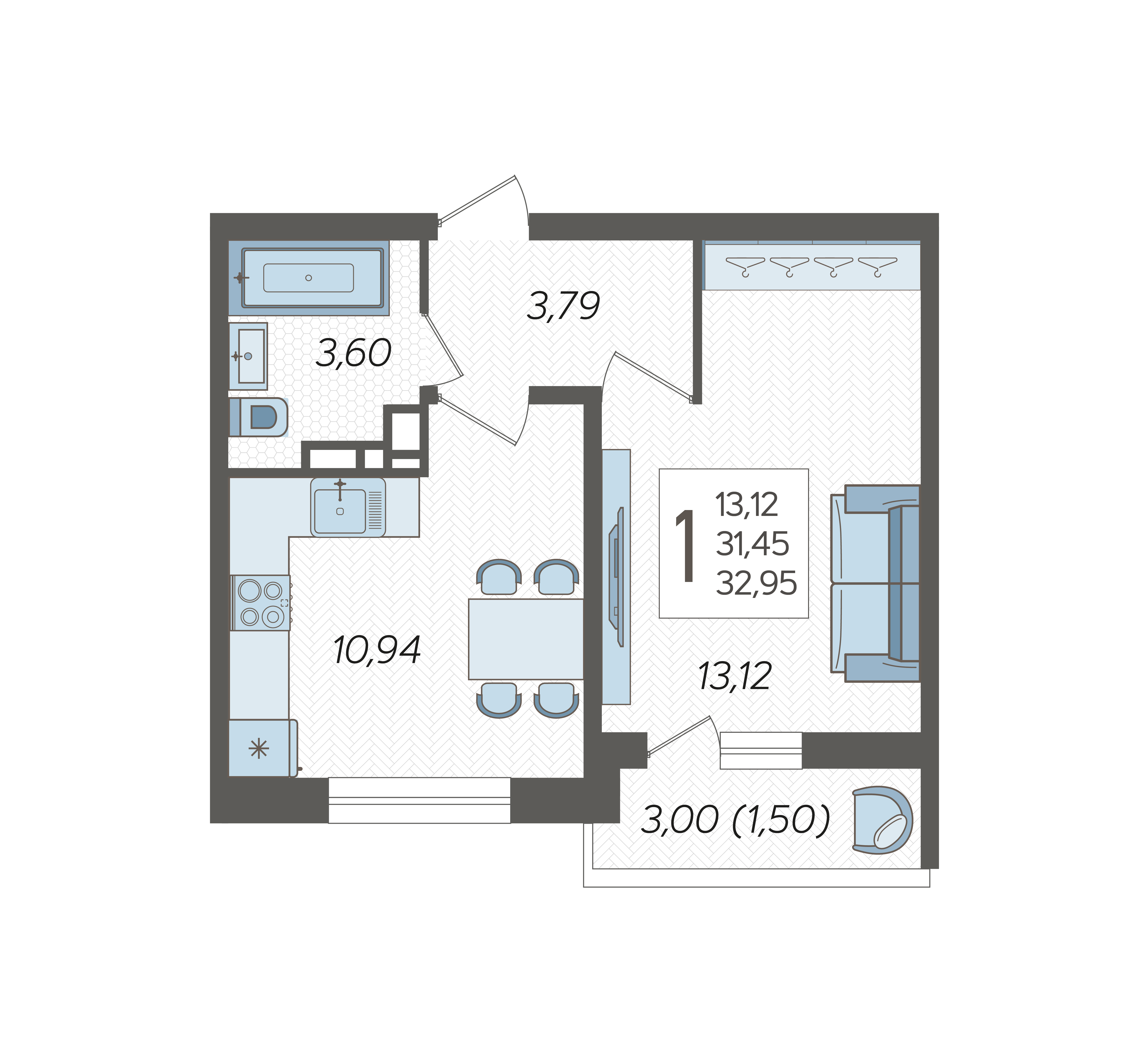 1-комнатная квартира №305, 32.9500 м²