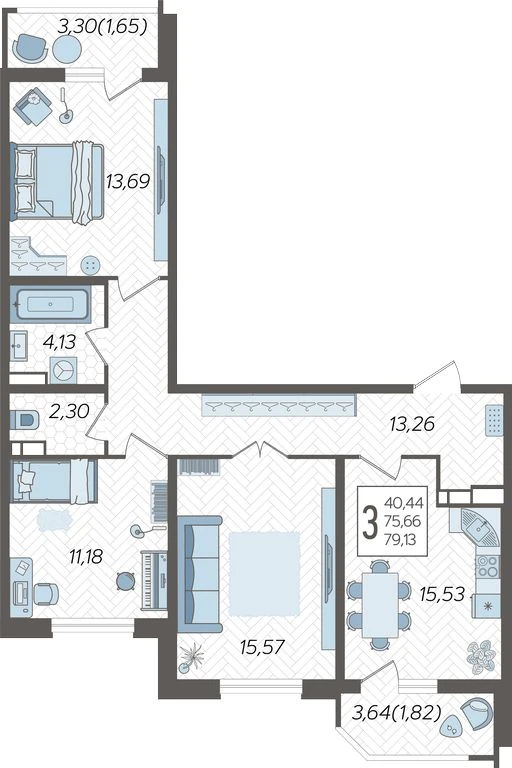 3-комнатная квартира №871, 79.1300 м²