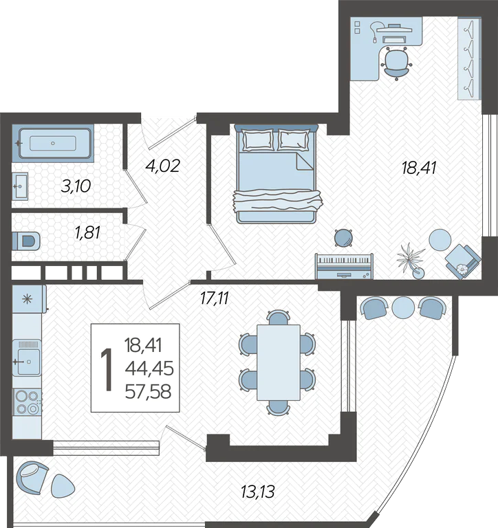 1-комнатные апартаменты №88, 57.5800 м²