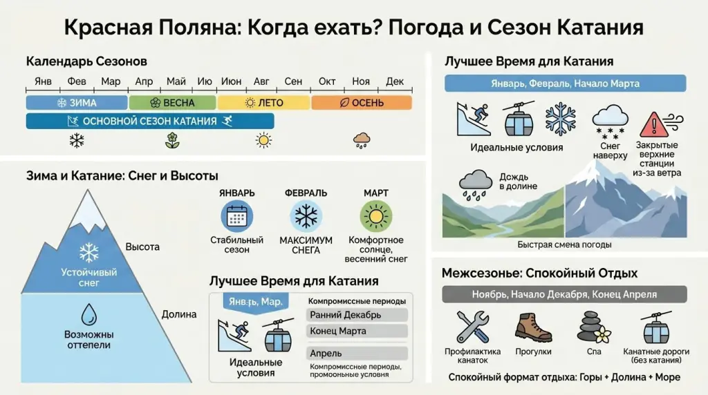 Когда ехать: погода, сезон катания