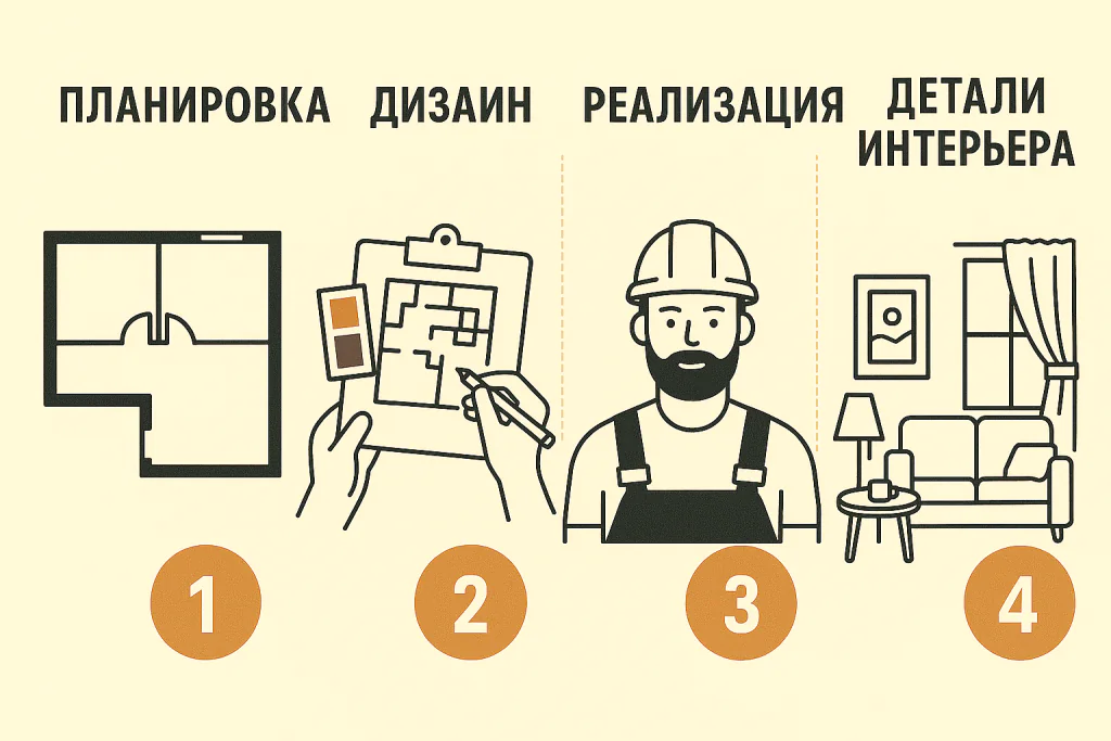 Этапы дизайн проекта, во время ремонта квартиры в новостройке с нуля